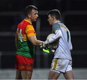 4 January 2023; Darragh Foley of Carlow and Meath goalkeeper Sean Brennan shake hands after during the O'Byrne Cup Group B Round 1 match between Carlow and Meath at Netwatch Cullen Park in Carlow. Photo by Ray McManus/Sportsfile