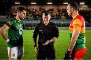 4 January 2023; Referee Darragh Byrne with the two captains, Donal Keogan of Meath and Daragh Foley of Carlow, before the O'Byrne Cup Group B Round 1 match between Carlow and Meath at Netwatch Cullen Park in Carlow. Photo by Ray McManus/Sportsfile