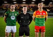 4 January 2023; Referee Darragh Byrne with the two captains, Donal Keogan of Meath and Daragh Foley of Carlow, before the O'Byrne Cup Group B Round 1 match between Carlow and Meath at Netwatch Cullen Park in Carlow. Photo by Ray McManus/Sportsfile