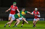 5 January 2023; Daniel Collins of Kerry gathers possession ahead of team-mate Cillian Trant and Mark Keane and Cormac Beausang of Cork during the Co-Op Superstores Munster Hurling League Group 2 match between Kerry and Cork at Austin Stack Park in Tralee, Kerry. Photo by Brendan Moran/Sportsfile