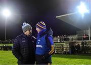 4 January 2023; Dublin manager Dessie Farrell, left, and Wicklow manager Oisín McConville, in conversation after the O'Byrne Cup Group C Round 1 match between Wicklow and Dublin at Baltinglass GAA club in Baltinglass, Wicklow. Photo by Sam Barnes/Sportsfile