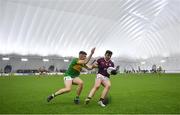 6 January 2023; James Foley of Galway in action against Paul Keaney of Leitrim during the Connacht FBD League Round 1 match between Leitrim and Galway at the NUI Galway Connacht GAA Air Dome in Bekan, Mayo. Photo by David Fitzgerald/Sportsfile