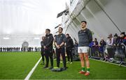 6 January 2023; Leitrim manager Andy Moran stands for Amhrán na bhFiann before the Connacht FBD League Round 1 match between Leitrim and Galway at the NUI Galway Connacht GAA Air Dome in Bekan, Mayo. Photo by David Fitzgerald/Sportsfile