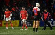 6 January 2023; Diarmuid Barron of Munster, second from left, leaves the pitch after sustaining an injury during the United Rugby Championship between Munster and Emirates Lions at Musgrave Park in Cork.  Photo by Eóin Noonan/Sportsfile Photo by Eóin Noonan/Sportsfile