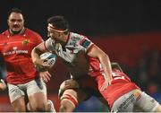 6 January 2023; Jarod Cairns of Emirates Lions is tackled by Mike Haley of Munster during the United Rugby Championship between Munster and Emirates Lions at Musgrave Park in Cork. Photo by Eóin Noonan/Sportsfile