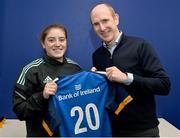 6 January 2023; Katie Whelan is presented with her jersey by Leinster Rugby chief executive officer Shane Nolan during a Leinster Rugby women's jersey presentation at Energia Park in Dublin. Photo by Seb Daly/Sportsfile