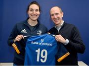 6 January 2023; Elaine Anthony is presented with her jersey by Leinster Rugby chief executive officer Shane Nolan during a Leinster Rugby women's jersey presentation at Energia Park in Dublin. Photo by Seb Daly/Sportsfile