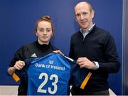 6 January 2023; Molly Scuffil-McCabe is presented with her jersey by Leinster Rugby chief executive officer Shane Nolan during a Leinster Rugby women's jersey presentation at Energia Park in Dublin. Photo by Seb Daly/Sportsfile