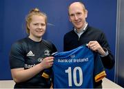 6 January 2023; Dannah O’Brien is presented with her jersey by Leinster Rugby chief executive officer Shane Nolan during a Leinster Rugby women's jersey presentation at Energia Park in Dublin. Photo by Seb Daly/Sportsfile