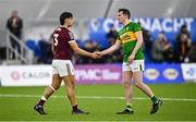 6 January 2023; Seán Fitzgerald of Galway and Keith Beirne of Leitrim shake hands after the Connacht FBD League Round 1 match between Leitrim and Galway at the NUI Galway Connacht GAA Air Dome in Bekan, Mayo. Photo by David Fitzgerald/Sportsfile