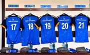 7 January 2023; The jerseys of Leinster's Lisa Callan, 17, Megan Collis, 18, Elaine Anthony, 19, Katie Whelan, 20, and Lisa Mullen, 21, hang in the dressing room before the Vodafone Women’s Interprovincial Championship Round One match between Leinster and Connacht at Energia Park in Dublin. Photo by Seb Daly/Sportsfile