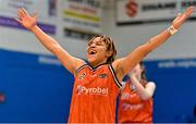 7 January 2023; Chanell Williams of Killester celebrates victory at the final buzzer of  the Basketball Ireland Paudie O'Connor Cup Semi-Final match between Waterford Wildcats and Killester at Neptune Stadium in Cork. Photo by Brendan Moran/Sportsfile