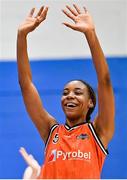 7 January 2023; Chyna Latimer of Killester celebrates victory at the final buzzer of  the Basketball Ireland Paudie O'Connor Cup Semi-Final match between Waterford Wildcats and Killester at Neptune Stadium in Cork. Photo by Brendan Moran/Sportsfile