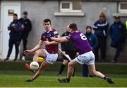 7 January 2023; Sam McCartan of Westmeath  in action against Niall Hughes of Wexford during the O'Byrne Cup Group A Round 2 match between Westmeath and Wexford at The Downs GAA club in Mullingar, Westmeath. Photo by Sam Barnes/Sportsfile