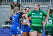 7 January 2023; Ella Roberts of Leinster celebrates with teammates after scoring their side's first try during the Vodafone Women’s Interprovincial Championship Round One match between Leinster and Connacht at Energia Park in Dublin. Photo by Seb Daly/Sportsfile