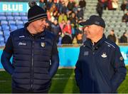 7 January 2023; Antrim manager Darren Gleeson, left, and Dublin manager Micheál Donoghue after the Walsh Cup Group 1 Round 1 match between Dublin and Antrim at Parnell Park in Dublin. Photo by Tyler Miller/Sportsfile