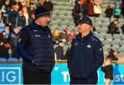 7 January 2023; Antrim manager Darren Gleeson, left, and Dublin manager Micheál Donoghue during the Walsh Cup Group 1 Round 1 match between Dublin and Antrim at Parnell Park in Dublin. Photo by Tyler Miller/Sportsfile