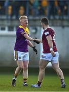 7 January 2023; Daire Bolger of Wexford and Jamie Gonoud of Westmeath shake hands after the O'Byrne Cup Group A Round 2 match between Westmeath and Wexford at The Downs GAA club in Mullingar, Westmeath. Photo by Sam Barnes/Sportsfile