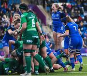 7 January 2023; Jess Keating of Leinster celebrates her side's fourth try, scored by teammate Jenny Murphy, not pictured, during the Vodafone Women’s Interprovincial Championship Round One match between Leinster and Connacht at Energia Park in Dublin. Photo by Seb Daly/Sportsfile