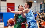 7 January 2023; Celena Taborn of Trinity Meteors in action against Rachel Huijsdens of DCU Mercy during the Basketball Ireland Paudie O'Connor Cup Semi-Final match between DCU Mercy and Trinity Meteors at Neptune Stadium in Cork. Photo by Brendan Moran/Sportsfile