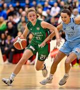 7 January 2023; Mireia Riera of Trinity Meteors in action against Megan Connolly of DCU Mercy during the Basketball Ireland Paudie O'Connor Cup Semi-Final match between DCU Mercy and Trinity Meteors at Neptune Stadium in Cork. Photo by Brendan Moran/Sportsfile