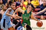 7 January 2023; Dayna Finn of Trinity Meteors in action against Tyra Johnson of DCU Mercy during the Basketball Ireland Paudie O'Connor Cup Semi-Final match between DCU Mercy and Trinity Meteors at Neptune Stadium in Cork. Photo by Brendan Moran/Sportsfile