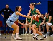 7 January 2023; Mireia Riera of Trinity Meteors in action against Megan Connolly of DCU Mercy during the Basketball Ireland Paudie O'Connor Cup Semi-Final match between DCU Mercy and Trinity Meteors at Neptune Stadium in Cork. Photo by Brendan Moran/Sportsfile