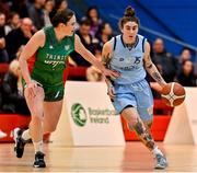 7 January 2023; Lindsey Abed of DCU Mercy in action against Sarah Kenny of Trinity Meteors during the Basketball Ireland Paudie O'Connor Cup Semi-Final match between DCU Mercy and Trinity Meteors at Neptune Stadium in Cork. Photo by Brendan Moran/Sportsfile