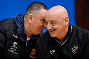 7 January 2023; DCU Mercy head coach Mark Ingle, right, with The Address UCC Glanmire head coach Mark Scannell before the Basketball Ireland Paudie O'Connor Cup Semi-Final match between DCU Mercy and Trinity Meteors at Neptune Stadium in Cork. Photo by Brendan Moran/Sportsfile