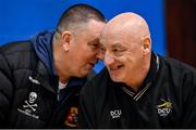 7 January 2023; DCU Mercy head coach Mark Ingle, right, with The Address UCC Glanmire head coach Mark Scannell before the Basketball Ireland Paudie O'Connor Cup Semi-Final match between DCU Mercy and Trinity Meteors at Neptune Stadium in Cork. Photo by Brendan Moran/Sportsfile