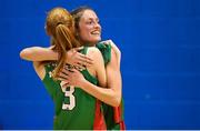 7 January 2023; Mireia Riera of Trinity Meteors, right, and team-mate Rebecca Hayes celebrate victory after the Basketball Ireland Paudie O'Connor Cup Semi-Final match between DCU Mercy and Trinity Meteors at Neptune Stadium in Cork. Photo by Brendan Moran/Sportsfile