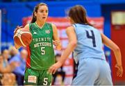 7 January 2023; Dayna Finn of Trinity Meteors in action against Megan Connolly of DCU Mercy during the Basketball Ireland Paudie O'Connor Cup Semi-Final match between DCU Mercy and Trinity Meteors at Neptune Stadium in Cork. Photo by Brendan Moran/Sportsfile