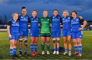 7 January 2023; Laura Feely of Connacht, centre, with Leinster players, from left, Lisa Mullen, Eimear Corri, Aoife Moore, Hannah O’Connor, Anna Doyle and Christy Haney after the Vodafone Women’s Interprovincial Championship Round One match between Leinster and Connacht at Energia Park in Dublin. Photo by Seb Daly/Sportsfile