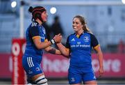 7 January 2023; Elaine Anthony, left, and Elise O’Byrne-Whyte of Leinster after their side's victory in the Vodafone Women’s Interprovincial Championship Round One match between Leinster and Connacht at Energia Park in Dublin. Photo by Seb Daly/Sportsfile