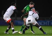 7 January 2023; Cathal Forde of Connacht is tackled by Celimpilo Gumede, left, and Ntuthuko Mchunu of Cell C Sharks during the United Rugby Championship match between Connacht and Cell C Sharks at the Sportsground in Galway. Photo by Eóin Noonan/Sportsfile