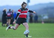 7 January 2023; Abby Healy of Wicklow RFC kicks a conversion during the Bank of Ireland Leinster Rugby Girls 18s Cup match between Wicklow RFC of Wicklow and Southeast Lions of Wexford at the Pitch 1 in SETU Carlow, Carlow. Photo by Matt Browne/Sportsfile