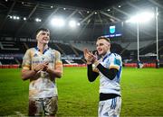 7 January 2023; Brian Deeny, left, and Nick McCarthy of Leinster after their side's victory in the United Rugby Championship between Ospreys and Leinster at the Swansea.com Stadium in Swansea, Wales. Photo by Harry Murphy/Sportsfile