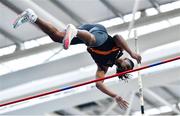8 January 2023; Rolus Olusa of Clonliffe Harriers AC, Dublin, competes in the Senior Men's Pole Vault during the Athletics Ireland National League Round 1 at Sport Ireland National Indoor Arena in Dublin. Photo by Ben McShane/Sportsfile