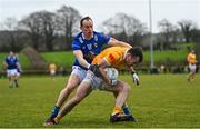8 January 2023; Dermot McAleese of Antrim is tackled by Martin Reilly of Cavan during the Bank of Ireland Dr McKenna Cup Round 2 match between Antrim and Cavan at Kelly Park in Portglenone, Antrim. Photo by Ramsey Cardy/Sportsfile