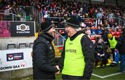8 January 2023; Down manager Conor Laverty shakes hands with Donegal manager Paddy Carr before the Bank of Ireland Dr McKenna Cup Round 2 match between Down and Donegal at Pairc Esler in Newry, Down. Photo by Harry Murphy/Sportsfile