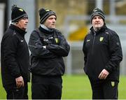 8 January 2023; Donegal manager Paddy Carr, selector Paddy Bradley and head coach Aidan O'Rourke before the Bank of Ireland Dr McKenna Cup Round 2 match between Down and Donegal at Pairc Esler in Newry, Down. Photo by Harry Murphy/Sportsfile