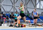 8 January 2023; Sarah Leahy of Killarney Valley AC, Kerry, on her way to winning the Women's Senior 60m during the Athletics Ireland National League Round 1 at Sport Ireland National Indoor Arena in Dublin. Photo by Ben McShane/Sportsfile