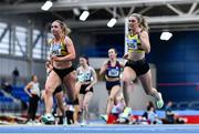 8 January 2023; Joan Healy of Leevale AC, Cork, left, on her way to winning the Women's Senior 60m ahead of Lucy-May Sleeman of Leevale AC, Cork, right, during the Athletics Ireland National League Round 1 at Sport Ireland National Indoor Arena in Dublin. Photo by Ben McShane/Sportsfile