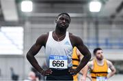 8 January 2023; Israel Olatunde of UCD AC, Dublin, after winning the Men's Senior 60m during the Athletics Ireland National League Round 1 at Sport Ireland National Indoor Arena in Dublin. Photo by Ben McShane/Sportsfile