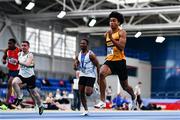 8 January 2023; Reece Ademola of Leevale AC, Cork, on his way to winning the Men's Senior 60m during the Athletics Ireland National League Round 1 at Sport Ireland National Indoor Arena in Dublin. Photo by Ben McShane/Sportsfile