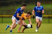 8 January 2023; Patrick McCormick of Antrim in action against Tristan Noack Hofmann of Cavan during the Bank of Ireland Dr McKenna Cup Round 2 match between Antrim and Cavan at Kelly Park in Portglenone, Antrim. Photo by Ramsey Cardy/Sportsfile