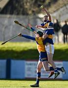 8 January 2023; Seamus Kennedy of Tipperary wins a high ball ahead of Patrick Crotty of Clare during the Co-Op Superstores Munster Hurling League Group 1 match between Tipperary and Clare at McDonagh Park in Nenagh, Tipperary. Photo by Sam Barnes/Sportsfile
