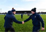 8 January 2023; Clare manager Brian Lohan, left, and Tipperary manager Liam Cahill  shake hands after the Co-Op Superstores Munster Hurling League Group 1 match between Tipperary and Clare at McDonagh Park in Nenagh, Tipperary. Photo by Sam Barnes/Sportsfile