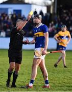 8 January 2023; Gearoid O'Connor of Tipperary reacts as he is shown a yellow card by referee Eamonn Stapleton during the Co-Op Superstores Munster Hurling League Group 1 match between Tipperary and Clare at McDonagh Park in Nenagh, Tipperary. Photo by Sam Barnes/Sportsfile
