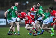8 January 2023; Brendan Rogers of Derry in action against Shane McGullion of Fermanagh during the Bank of Ireland Dr McKenna Cup Round 2 match between Fermanagh and Derry at Ederney St Josephs GAA Club in Ederney, Fermanagh. Photo by Oliver McVeigh/Sportsfile